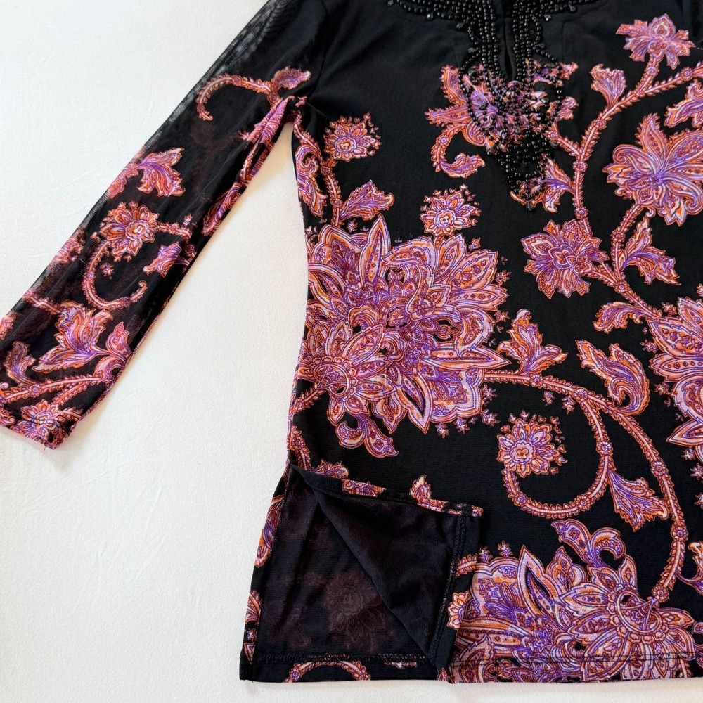 INC International Concepts Purple Paisley Beaded Mesh Tunic Top M